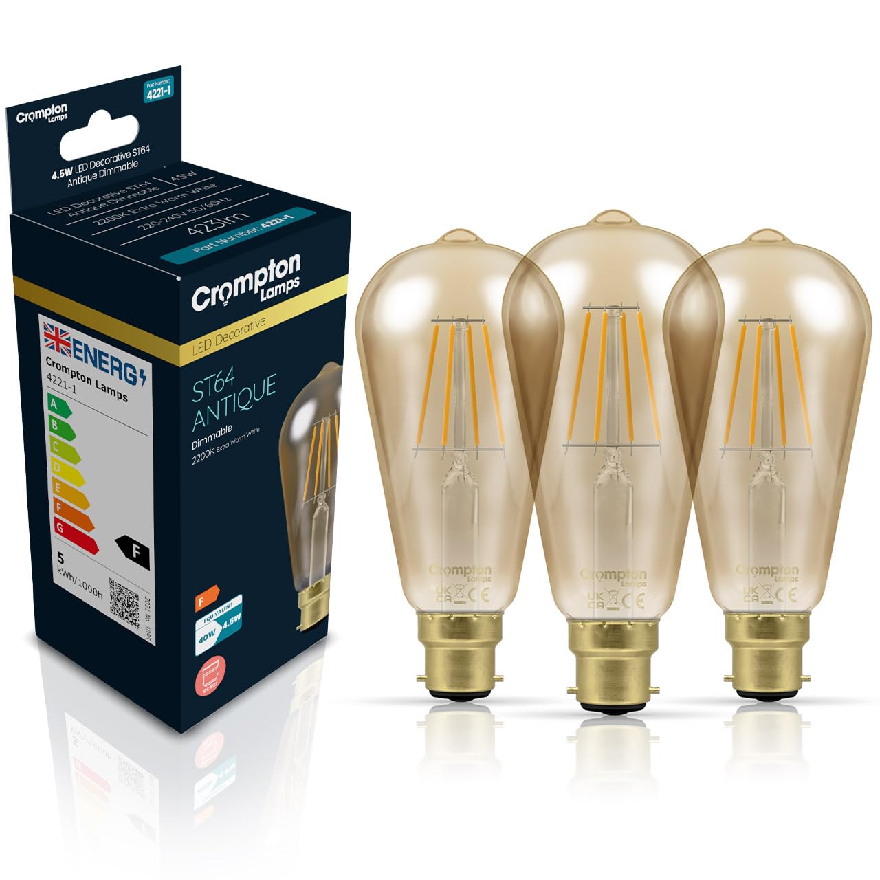 Crompton Lamps Filament ST64 LED Light Bulb BC-B22d | 4.5W = 35W Equivalent | Extra Warm White 2200K | Energy Efficient | Bayonet Lightbulb | Antique Bronze Glass | Dimmable | 3-Pack