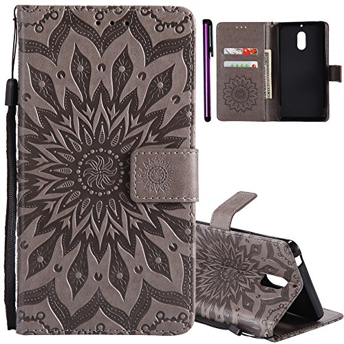 ISADENSER for Nokia 6 Case Nokia 6 Wallet Case for Women Sunflower Series with Shockproof and Kickstand Card Slots Holder Flip Magnetic Closure Protection for Nokia 6 (2017) Gray Sunflower