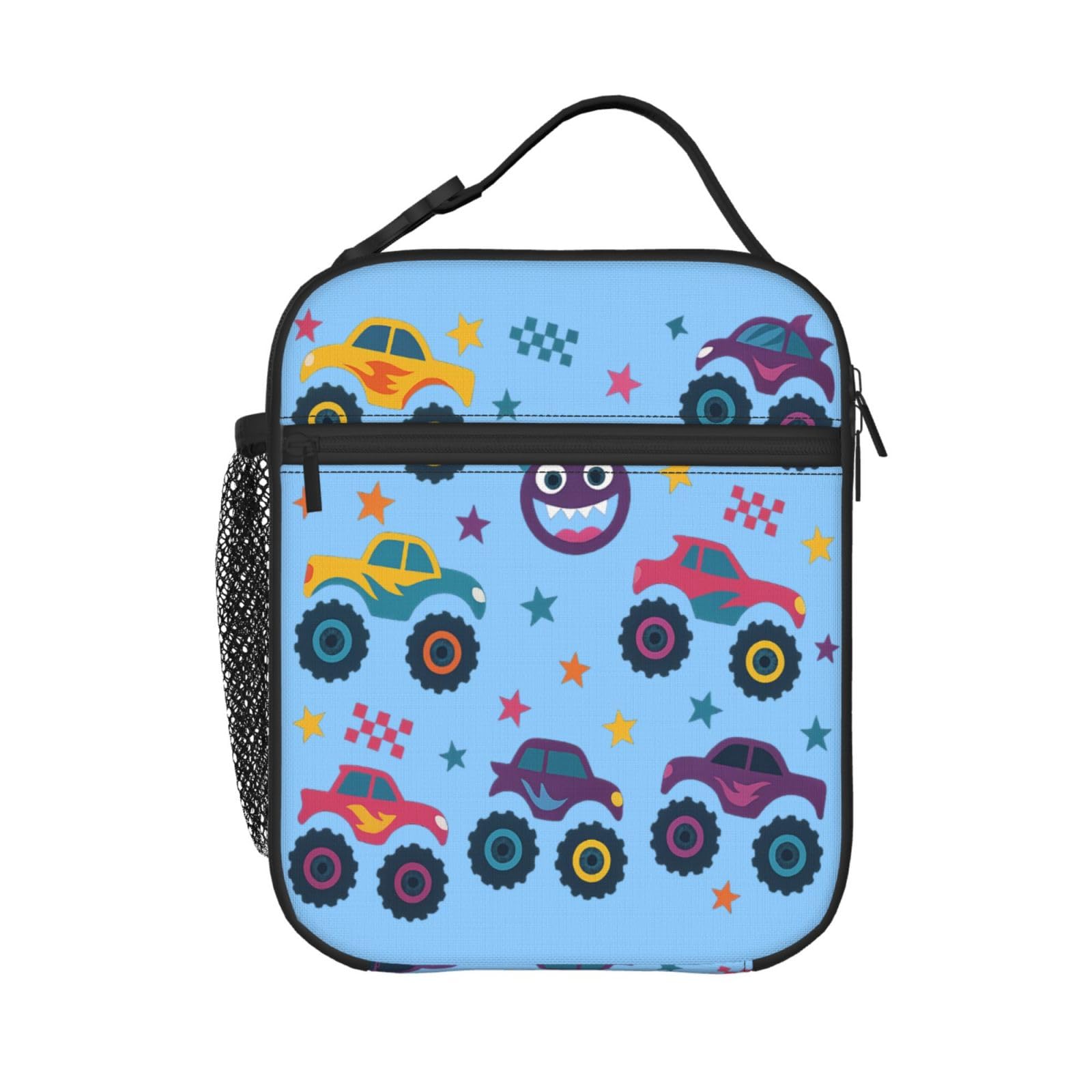 PrelerDIY Monster Colorful Cars Blue Lunch Box - Insulated Lunch Bags for Boys/Girls/Women/Men Detachable Handle Lunchbox Meal Tote Bag