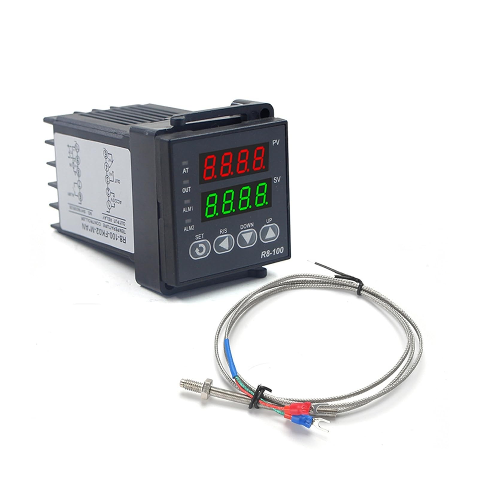 R8-100 Digital PID Thermostat, K/J Universal Input, SSR Output, 40DA Relay, M6 Thread 1m Thermocouple Probe 1pc(Set 1 J)