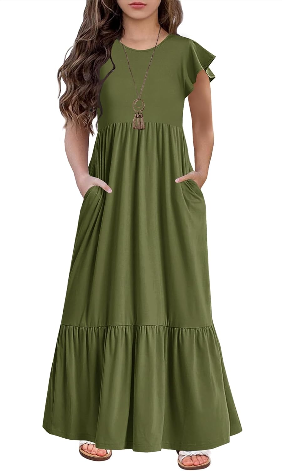 HOSIKA Girls Summer Ruffle Short Sleeve Crew Neck Loose Casual Flowy Tiered Maxi Dress with Pockets for 6-12 Y