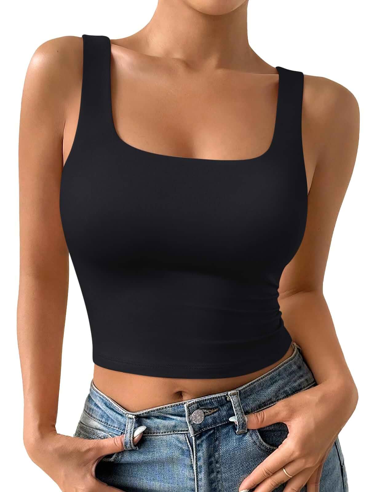 Trendy Queen Women's Square Neck Crop Tank Tops Double Lined Wide Strap Top Opaque Camisoles,Sleeveless Activewear,Summer Basic Clothing,Going Out Apparel