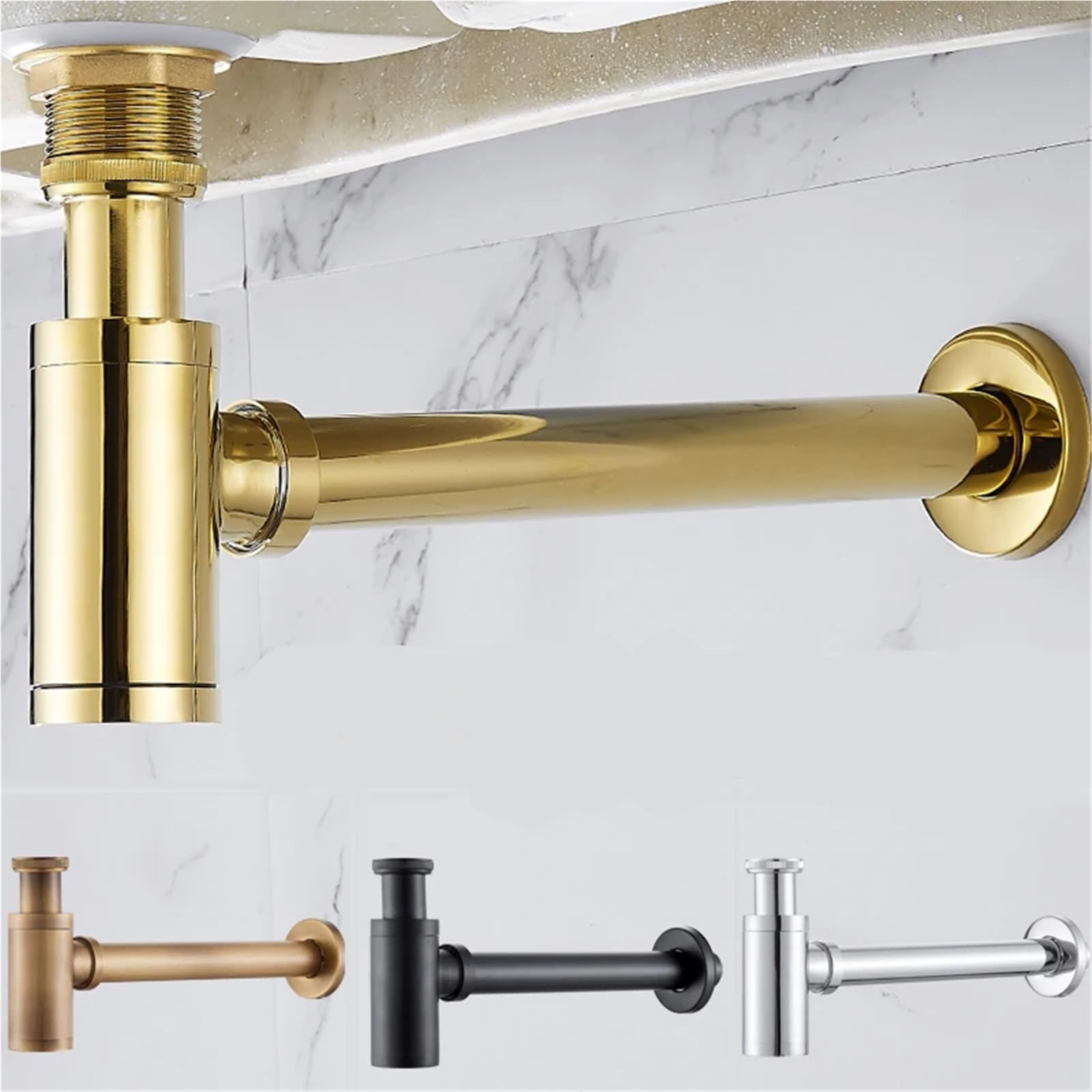 Kit de bonde lavabo en laiton avec siphon et tuyau d'évacuation pour Lavabo Evier(Golden)