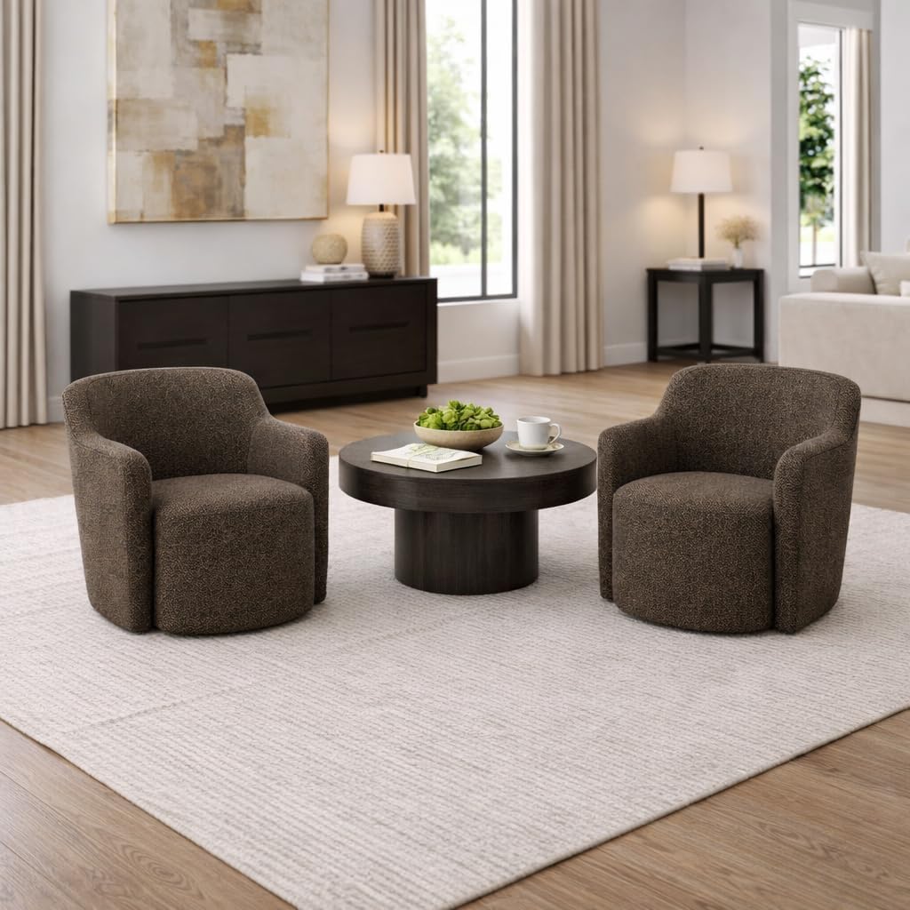 Homepop Home Décor Upholstered 360° Barrel Back Swivel Chair | Accent Chairs for Living Room & Bedroom | Decorative Home Furniture, Dark Brown Boucle