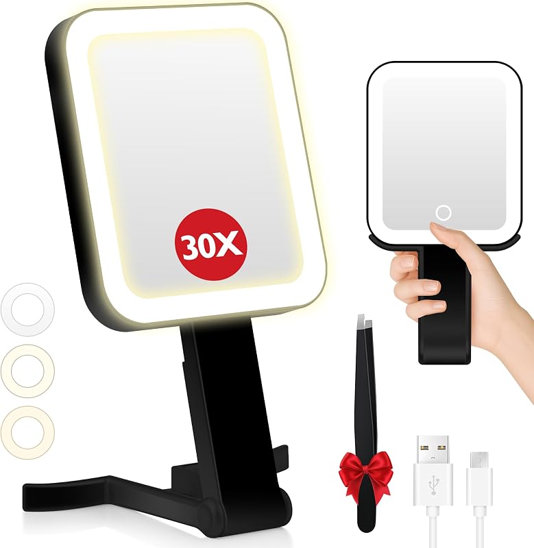Espelho compacto de maquiagem B Beauty Planet com luzes, dupla face 1X/30X, 3 cores de iluminação e brilho ajustável, dobrável, preto