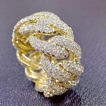 Koguxuix Fashion Jewelry 18K Gold Cluster Iced Out Luxury Simulated Full Shiny CZ Crystal Diamond Cuban Link Rope Twist Band Hip Hop Men Women Bling Ring Size 9