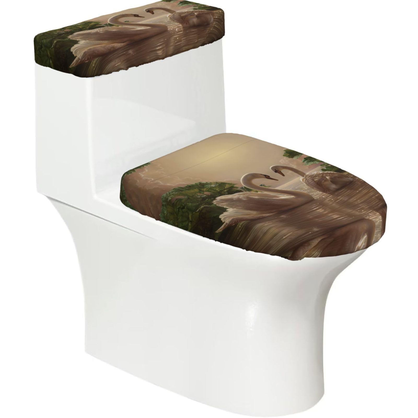 swan Green Leaves 2-Piece Toilet Seat Cover Set with Tank Lid - Elastic for U-Shape & Elongated - Bathroom Decor