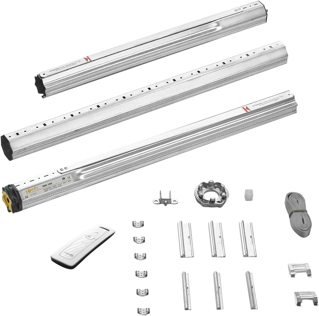 Somfy RMS 1000 Radio Kit components including motor, remote control, and installation accessories.