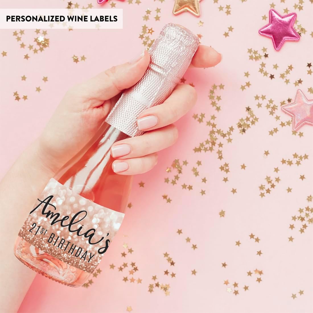 Andaz Press Personalized Mini Champagne Wine Bottle Labels, Birthday, Glitzy Rose Gold Glitter 20-Pack Custom Mini Champagne Labels Stickers Birthday Mini Bottle Labels Personalized Wine Bottle Labels