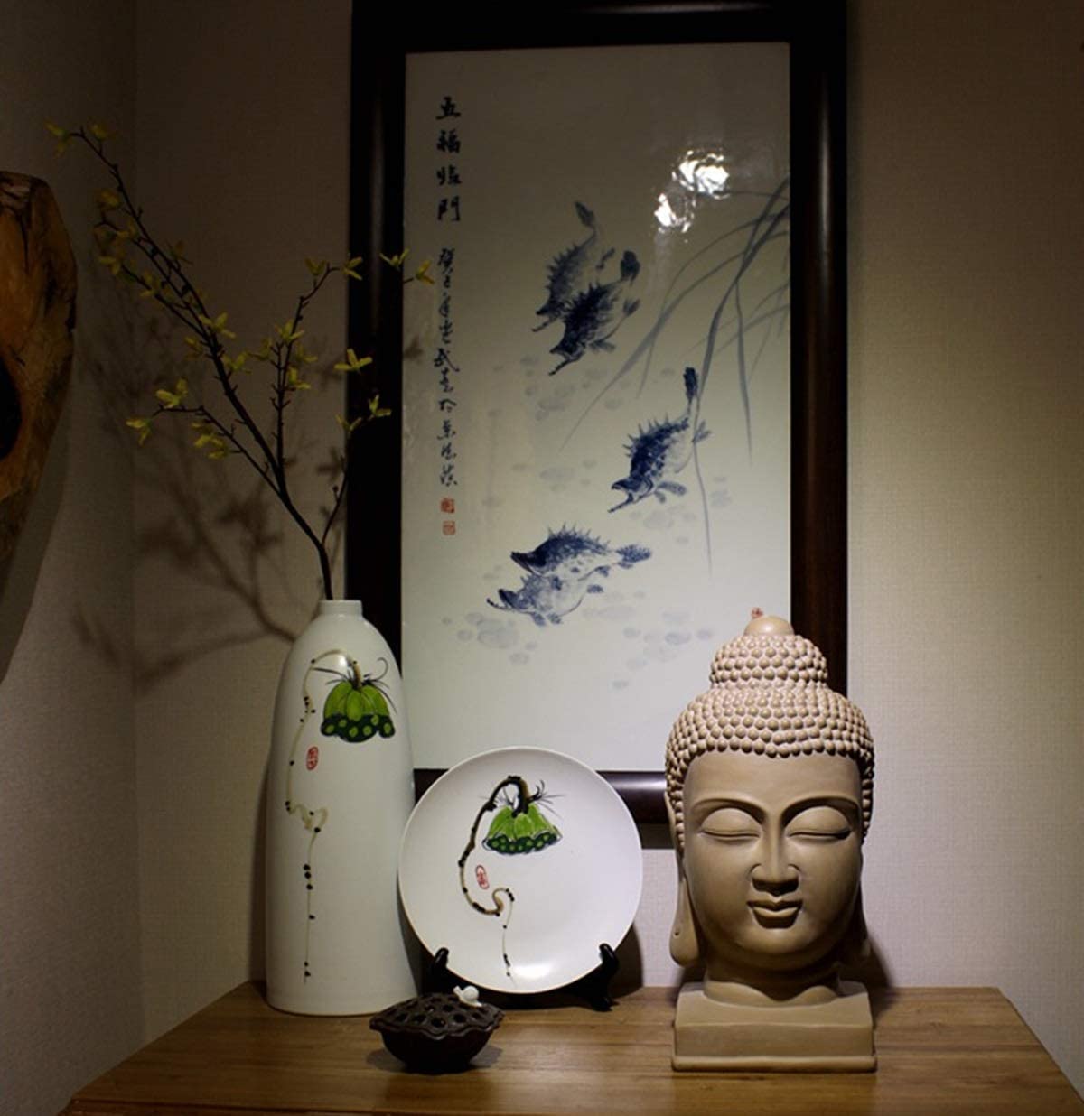 Estatua de Buda meditadora, figura de cabeza de Buda de resina de 15.7 pulgadas, escultura religiosa budista coleccionable