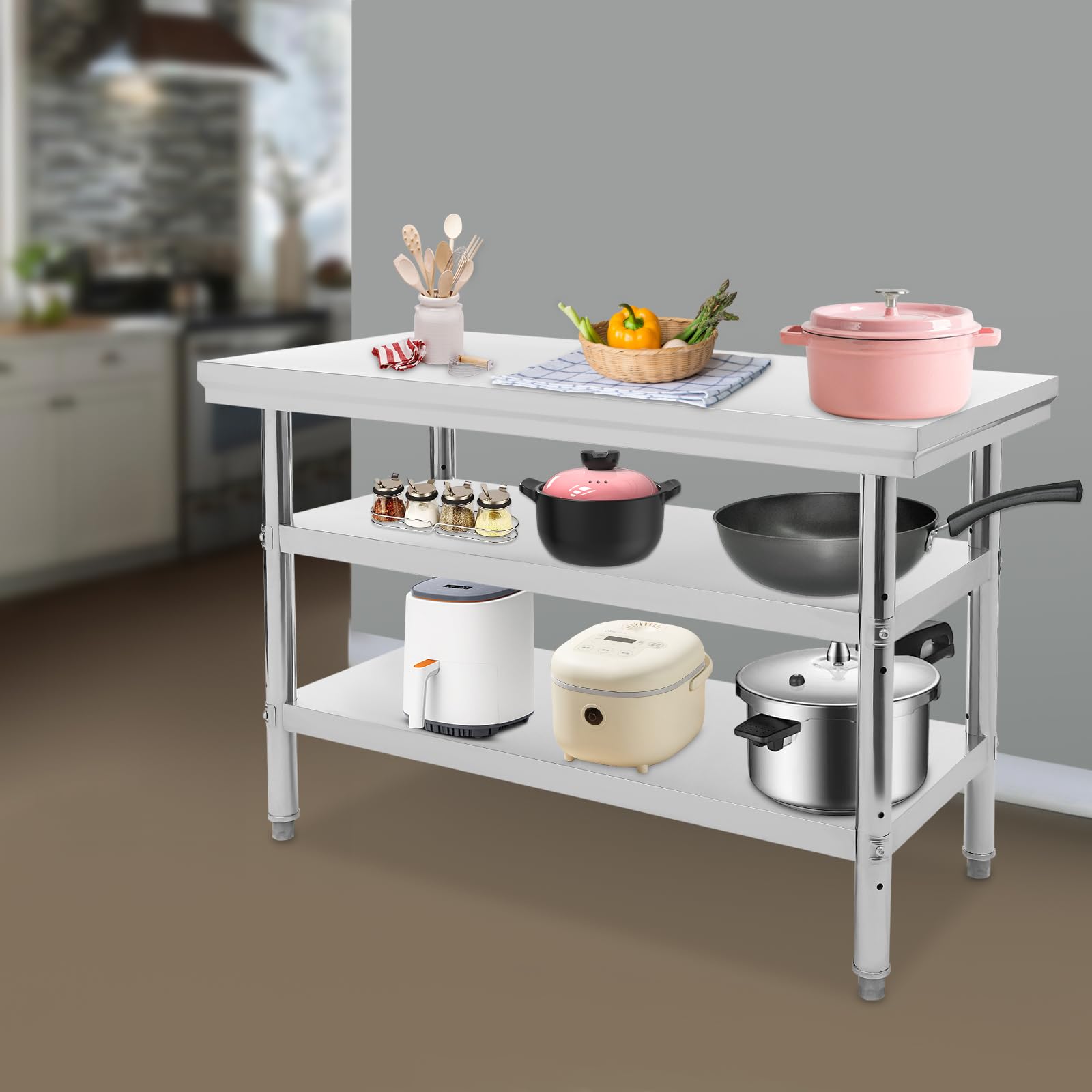 Tavolo da lavoro in acciaio inox con 3 ripiani, tavolo da lavoro in acciaio inox, fino a 100 kg, 120 x 60 x 90 cm