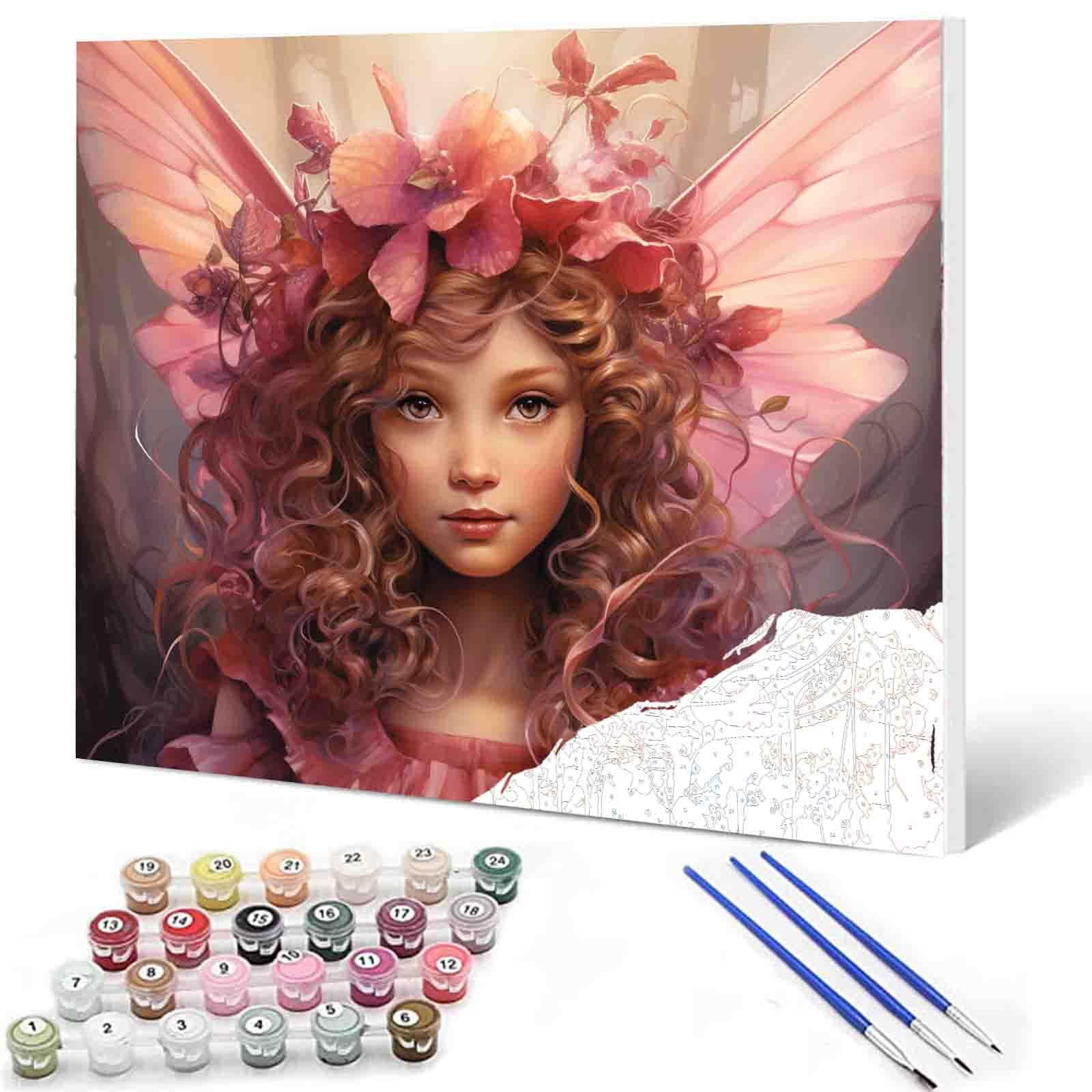 Little Girl Angel DIY Paint by Numbers for Adults Pink Wreath DIY Digital Oil Painting Acrylic Paint Angel Girl Flowers Painting Kits Canvas With Acrylic Paint Room Decor 16x20 Inch （without Frame ）