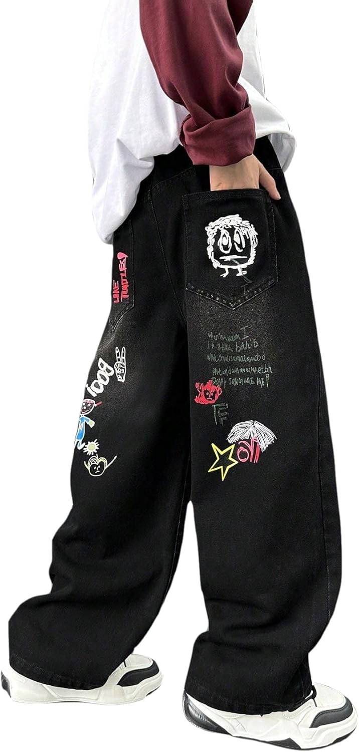 Boys' Black Graffiti Cartoon Baggy Jeans - Fashion Streetwear Denim Pants for Kids (Ages 8-12)