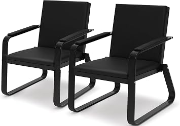 wonline 2Pcs Waiting Room Chair with Armrest Black PU Leather Office Furniture, Office Guest Seating Lobby Conference Reception Chairs for Airport Clinic Hospital Bank Salon Barber