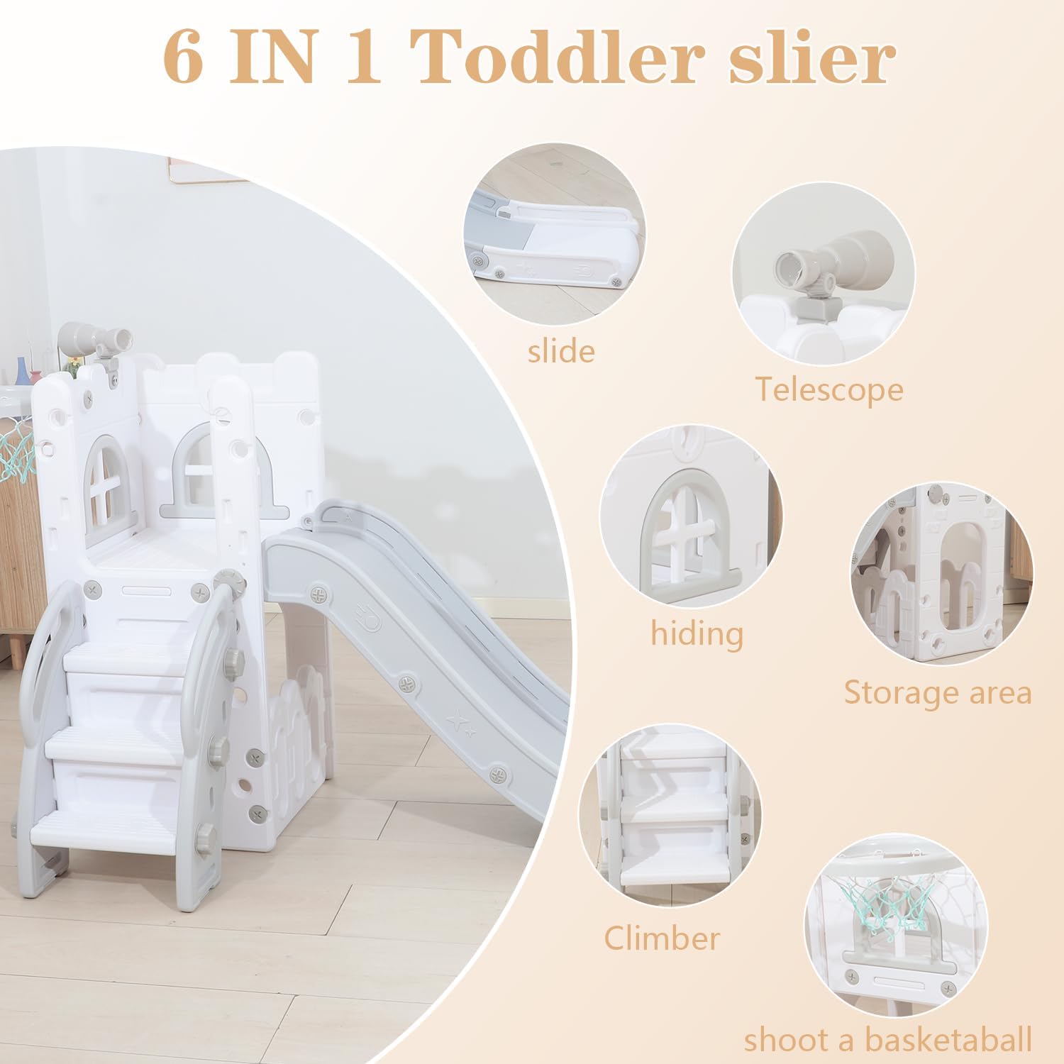 6 in 1 Toddler Slide,Outdoor Playset,Playground Game System,Small Slides for Home,Indoor Outdoor Playground with Basketball Hoop and Telescope