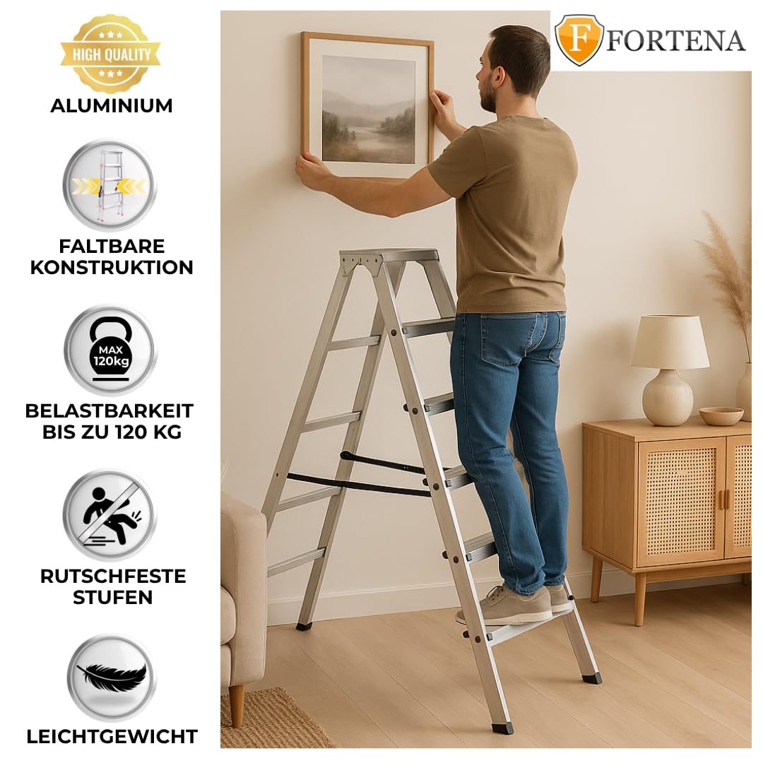 Fortena Haushaltsleiter Doppelleiter 2x6 Stufen Aluminium 120 kg Belastung