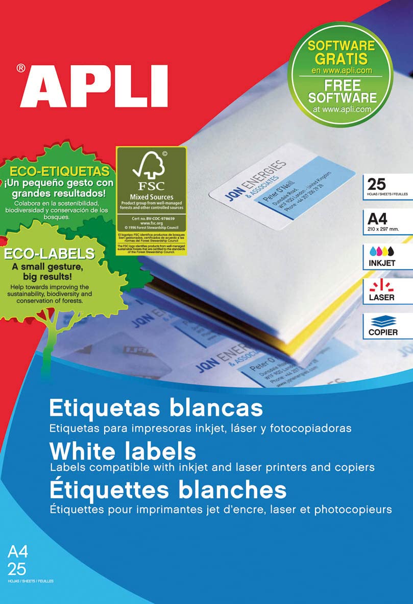 APLI 1992 Permanent White Labels 63.5x38.1mm 25 Sheets