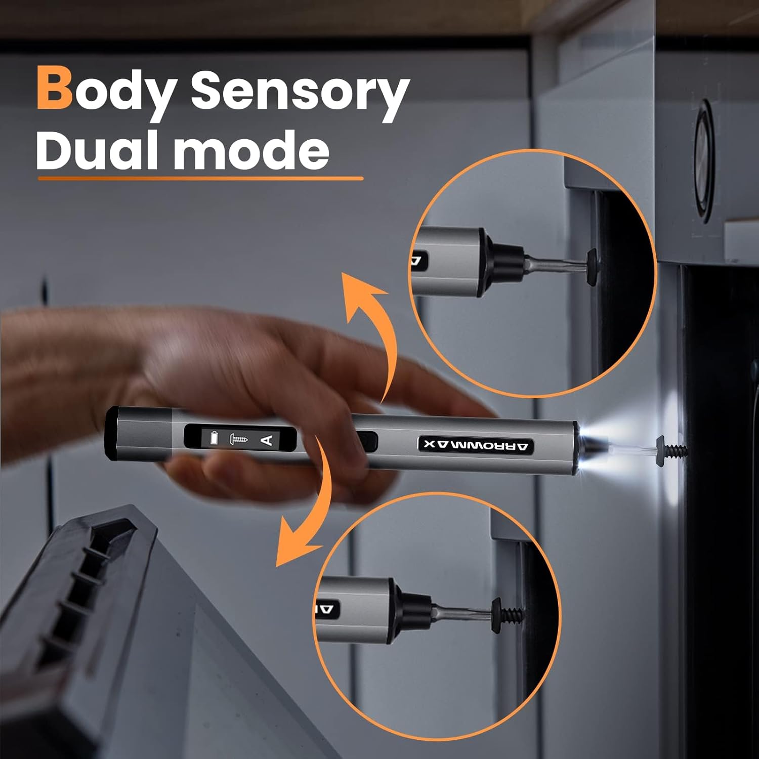 Image demonstrating the body sensory dual-mode where tilting the screwdriver forward or backward controls the rotation direction for tightening or loosening screws.