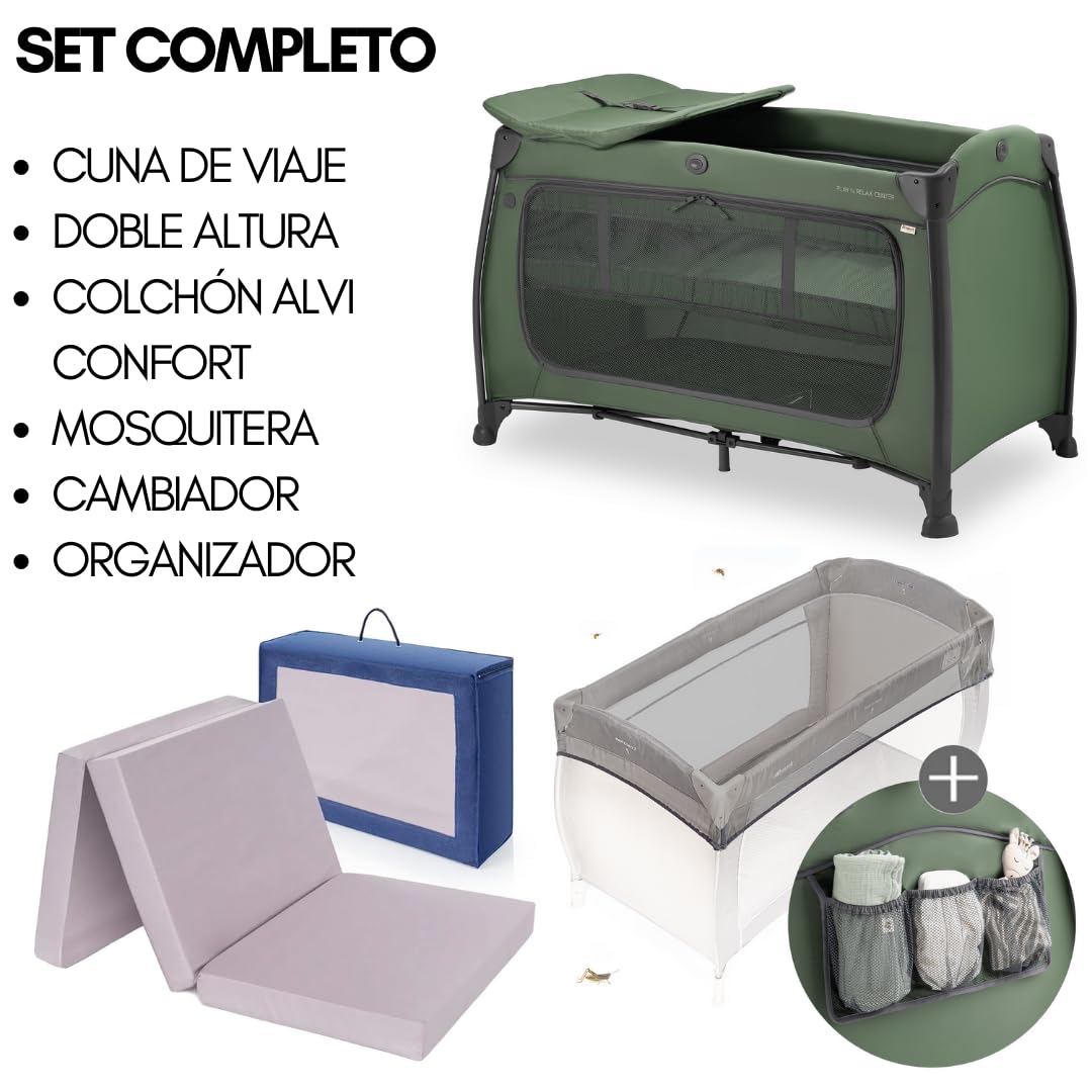 hauck Play n Relax Center Set de Cuna de Viaje Bebe con Colchon y Mosquitera | Dos Alturas para Recién Nacidos - Parque Infantil con Cambiador y Ruedas - Verde