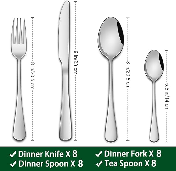 32 Pieces Cutlery Sets Includes Dinner Knife Fork and Tea Spoons Sets for Kitchen,Stainless Steel Silverware Sets for Tableware Sets,Flatware Sets Service for 8