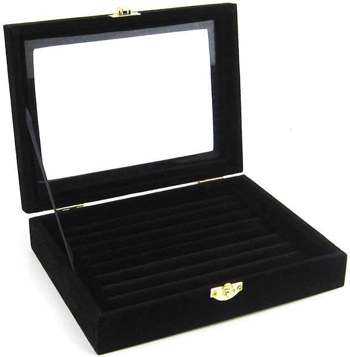 BettliBettli Ring Storage Case Earring Velvet Display Case Box Earring Ring Organizer Velvet Jewelry Tray Cufflink Storage Showcase with Clear Glass Lid Black