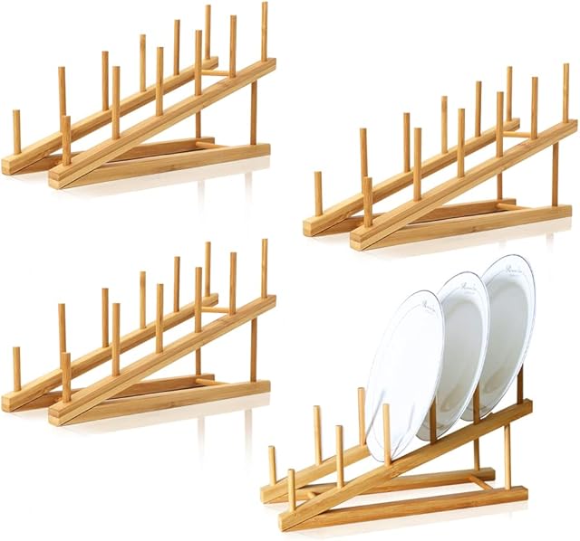 TIE-DailyNec 4 PCS Wooden Dish Rack Bamboo Plate Rack Stand Pot Lid Holder, Dish Drying Rack Kitchen Cabinet Organizer for Cup, Cutting Board, Bowl, Plate,Pot Lid