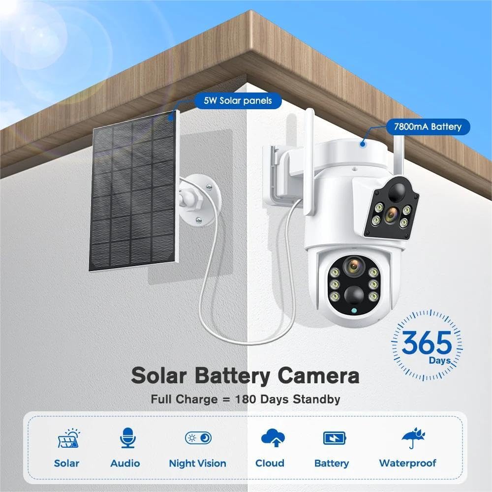 Cámara Vigilancia WiFi 4K Con Doble Lente, Panel Solar Y Seguimiento Automático