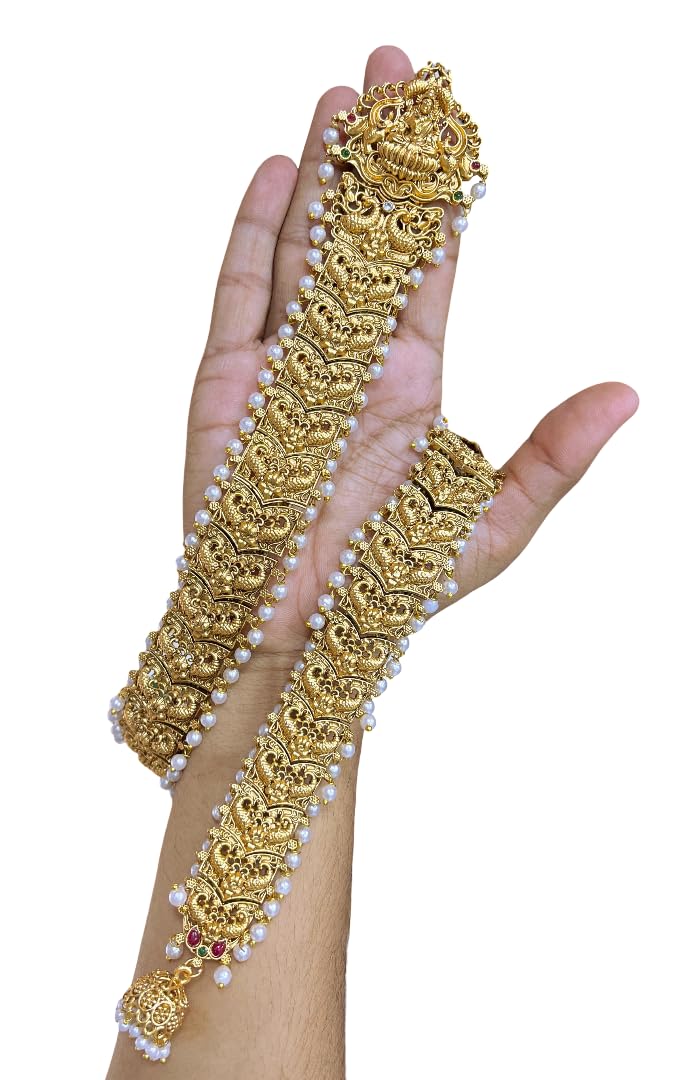 KGR Splash White Pearls Gold Plated Long Jada Billai For Hair-image-30