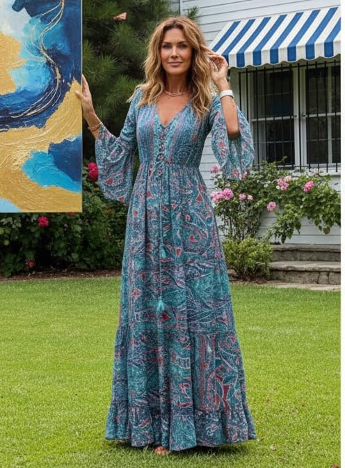 Womens Red Boho Long Sleeve Maxi Dresses Oversized Vintage Graphic Print Casual Flowy Long Dress for Fall Spring - Image 3
