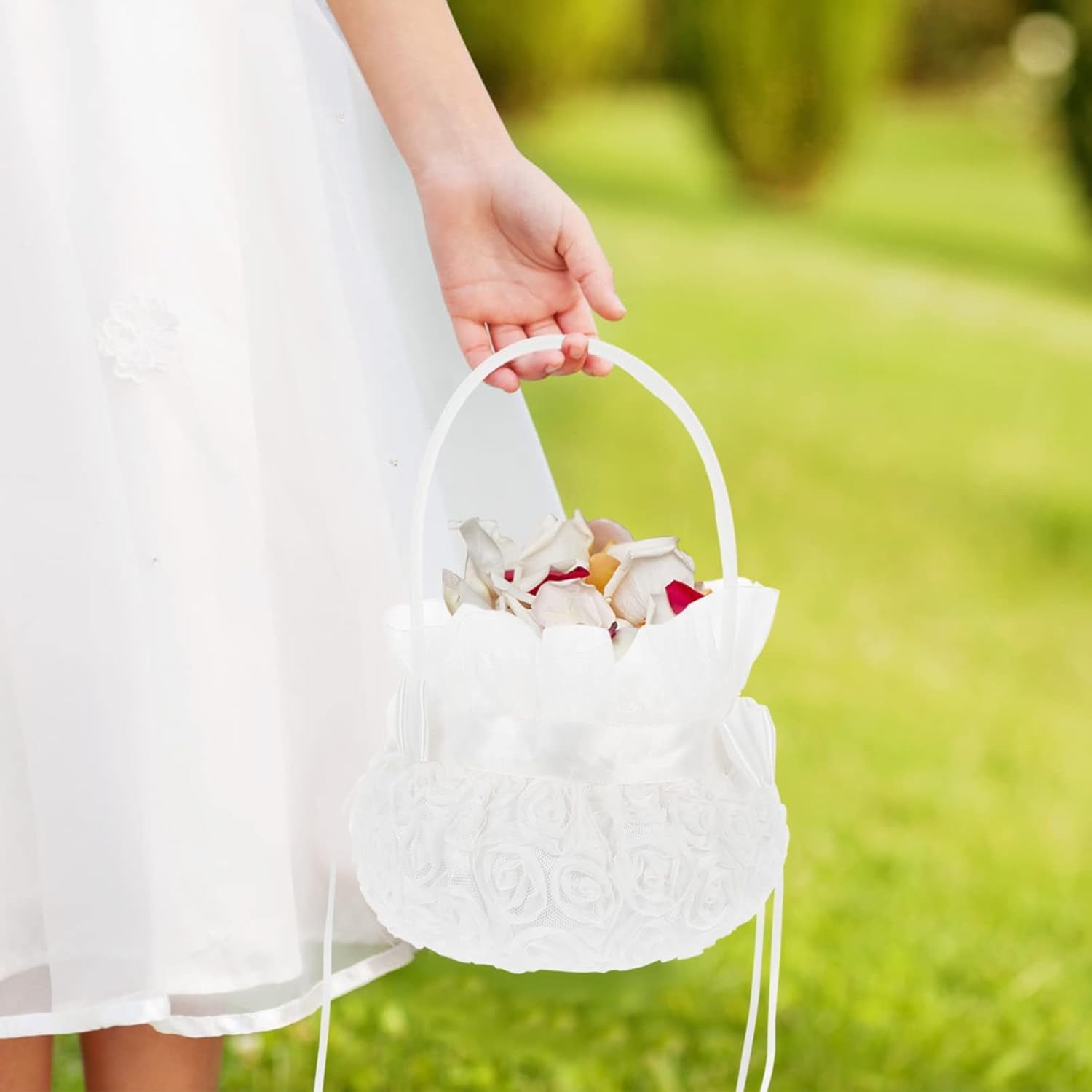 Homoyoyo 2PCS Wedding Ceremony Basket, Bowknot Silk Cloth Wedding Ceremony Party Rose Flower Candy Basket with handles for Wedding Party Supplies, wedding flower basket