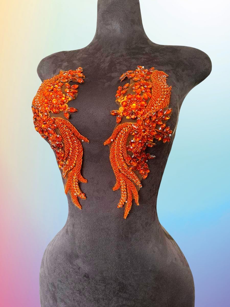 Handmade Rhinestones lace Trim Patches Handsewing Beads Bodice Applique for Dress DIY Accessories 1pair/Set (Orange)