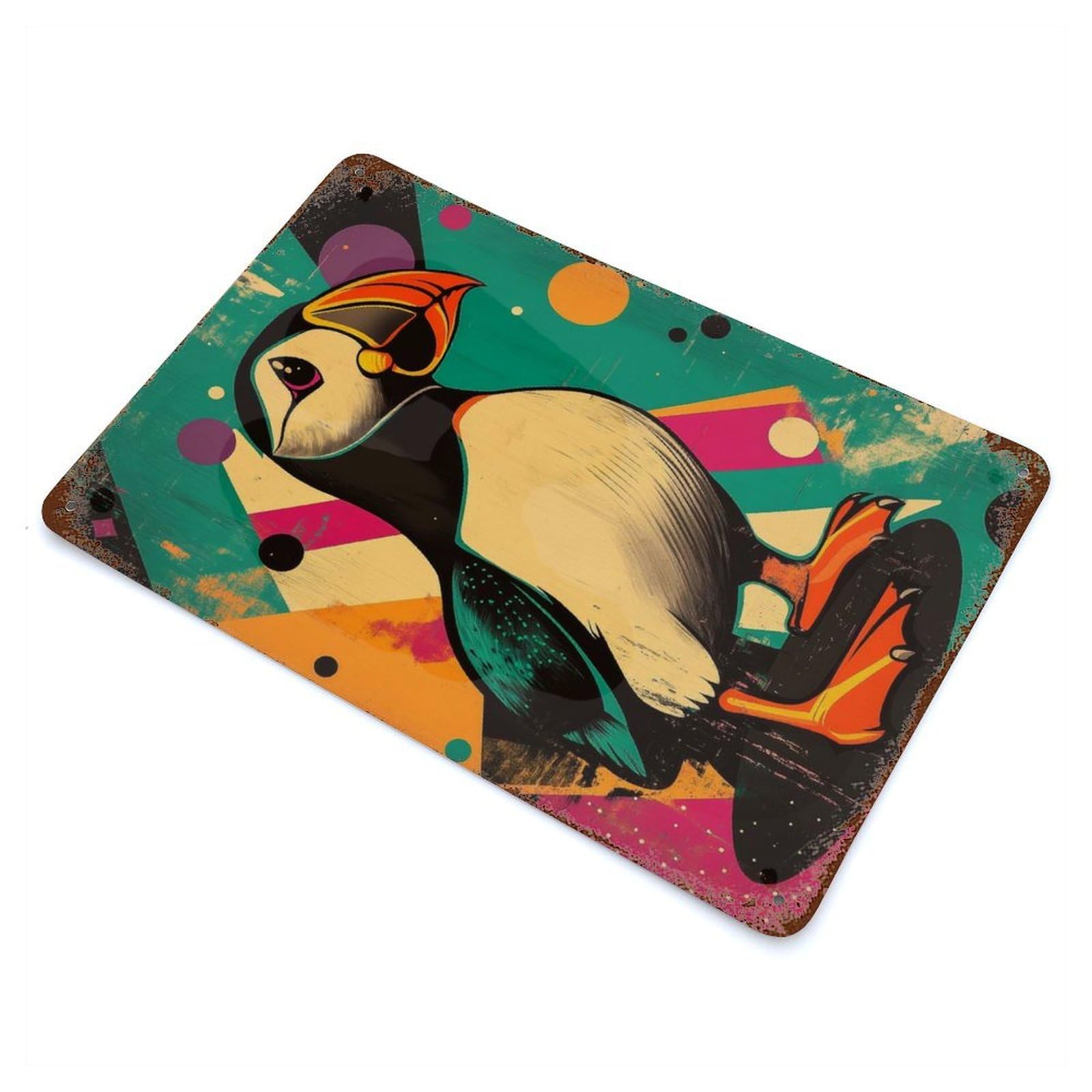 Weathered Tin Sign Retro Puffin Illustration Vibrant Puffin Pop Art 11.8"x7.9", Rustic Home Decor for Bistro, Counter And Cafe Decor