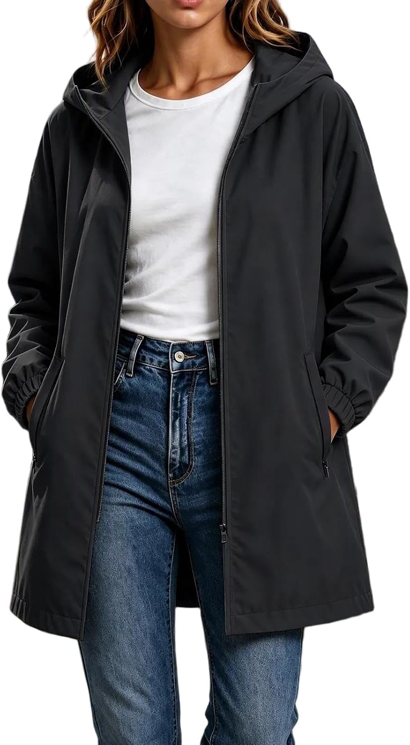 Women's Hooded Rain Jacket Zip Up Long Sleeve Casual Longline Coat