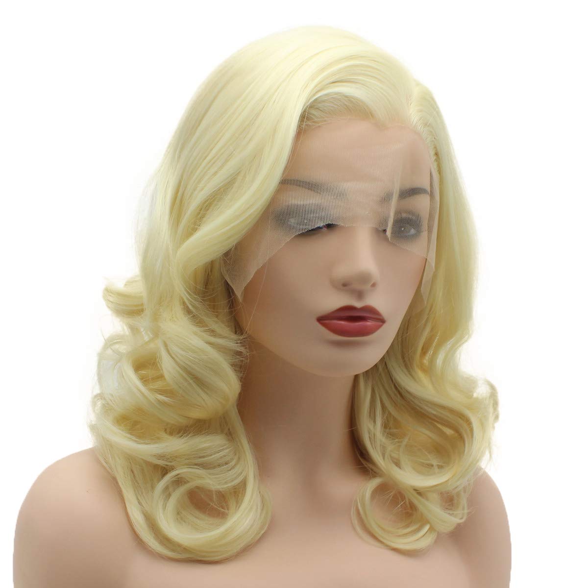 Hair Wavy Shoulder Length 16inch Light Blonde Half Hand Tied Realistic Synthetic Lace Front Wigs