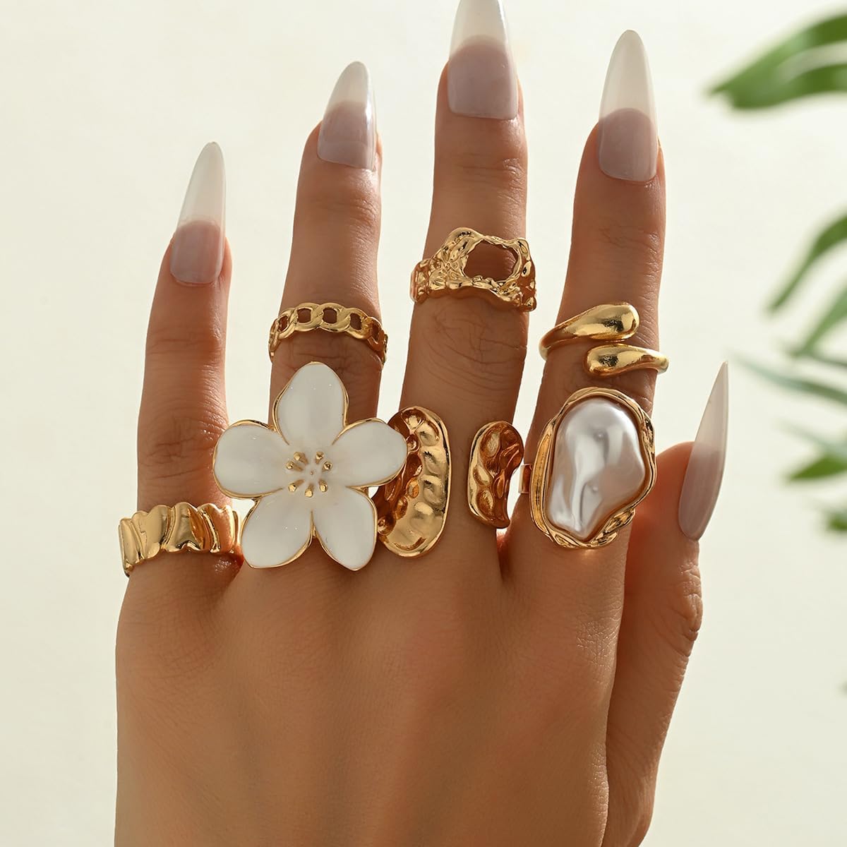 QiaTsed Chunky Gold Rings for Women 7 Sets Stackable Statement Rings Non Tarnish Dainty Baroque Pearl Rings Ideal Jewelry Gift for Women (7 Sets, White)