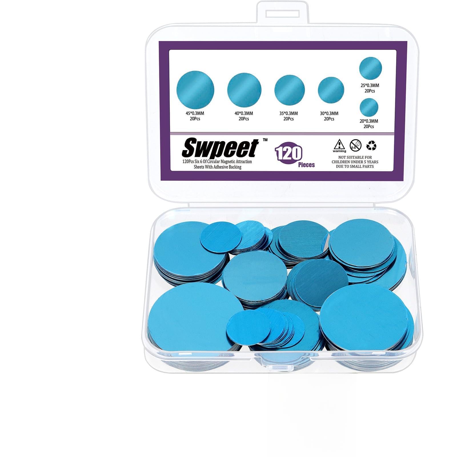 Swpeet 120Pcs 6 Sizes Round Under Cabinet Light Magnetic Strip with Adhesive Backing, Replacement Magnetic Strips, Cabinet Lights Sticky, Metal Strips Iron Sheet, Not Magnets