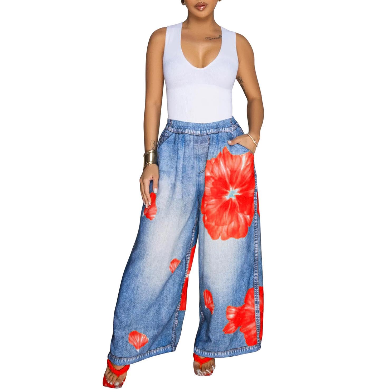 Womens Summer High Waist Floral Print Loosse Wide Leg Pants with Pockets