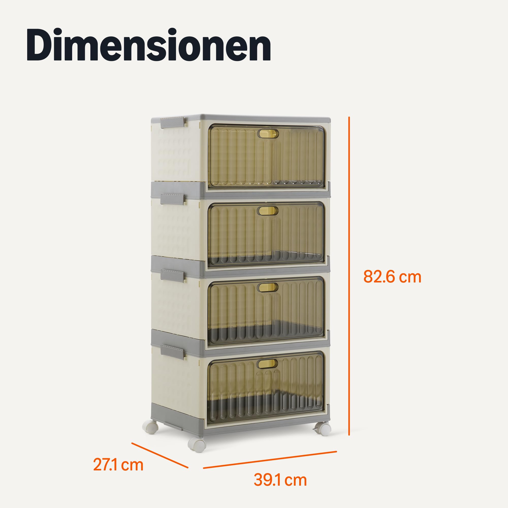 Amazon Basics Stapelbare 4-Etagen Aufbewahrungsbehälter mit Rollen, 21,7L pro Etage, Faltbare Behälter mit Deckeln, 82.6 x 39.1 x 27.2 cm, Grau/Beige
