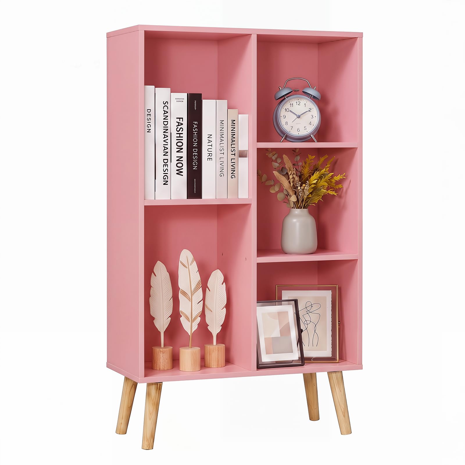 YAHARBO Small Light Pink Bookshelf,3 Tier Modern Kids Bookcase with Legs,5 Cube Wooden Bookshelves Storage Shelf,Book Shelves Organizer,Display Bookcases Cabinet for Room Nursery Study