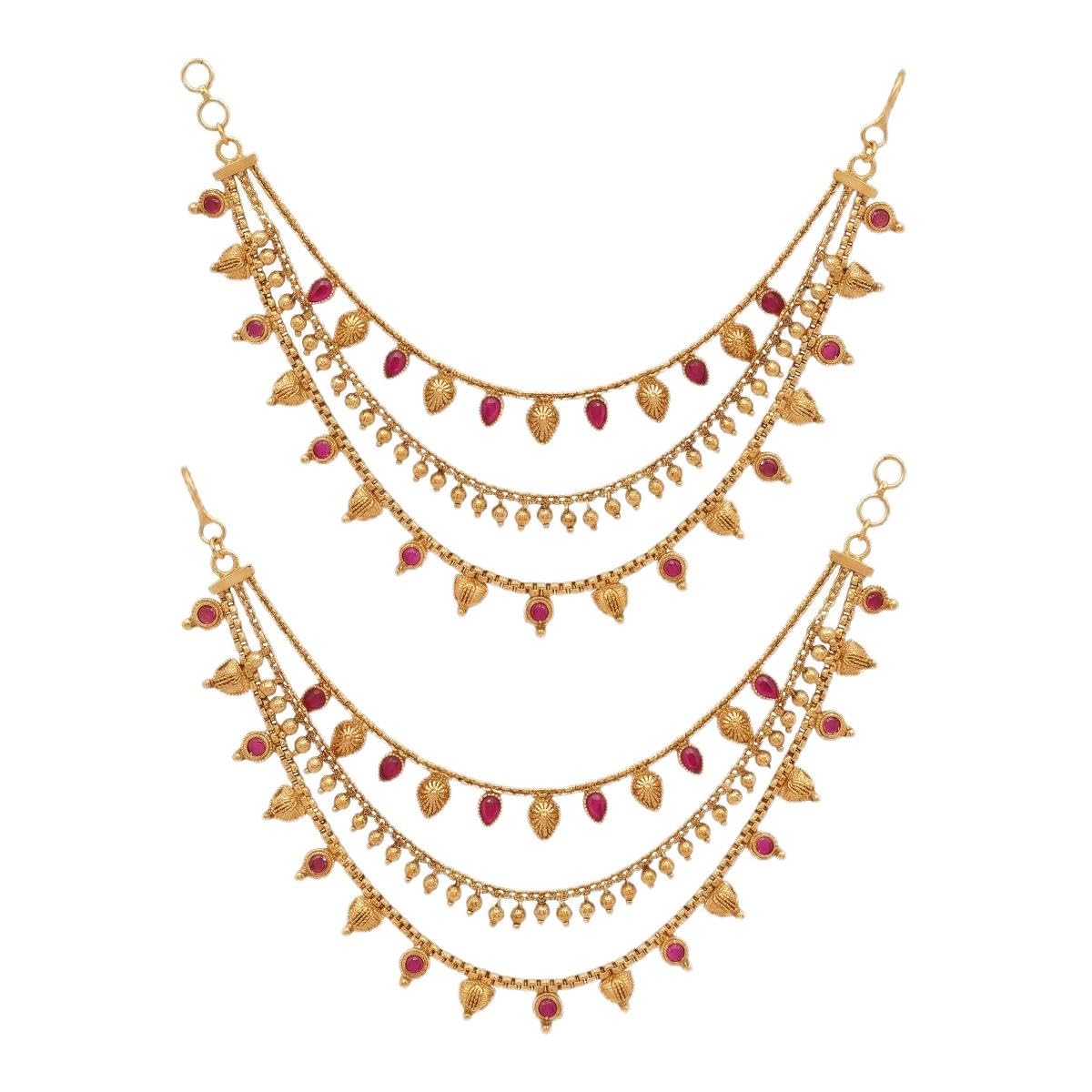 Traditional Gold-Plated Multilayer Ear Chain for Earrings | Temple Style Ruby Stone Ear Support Chain with Leaf Charms | Bridal Jewellery for Women and Girls-picture-19