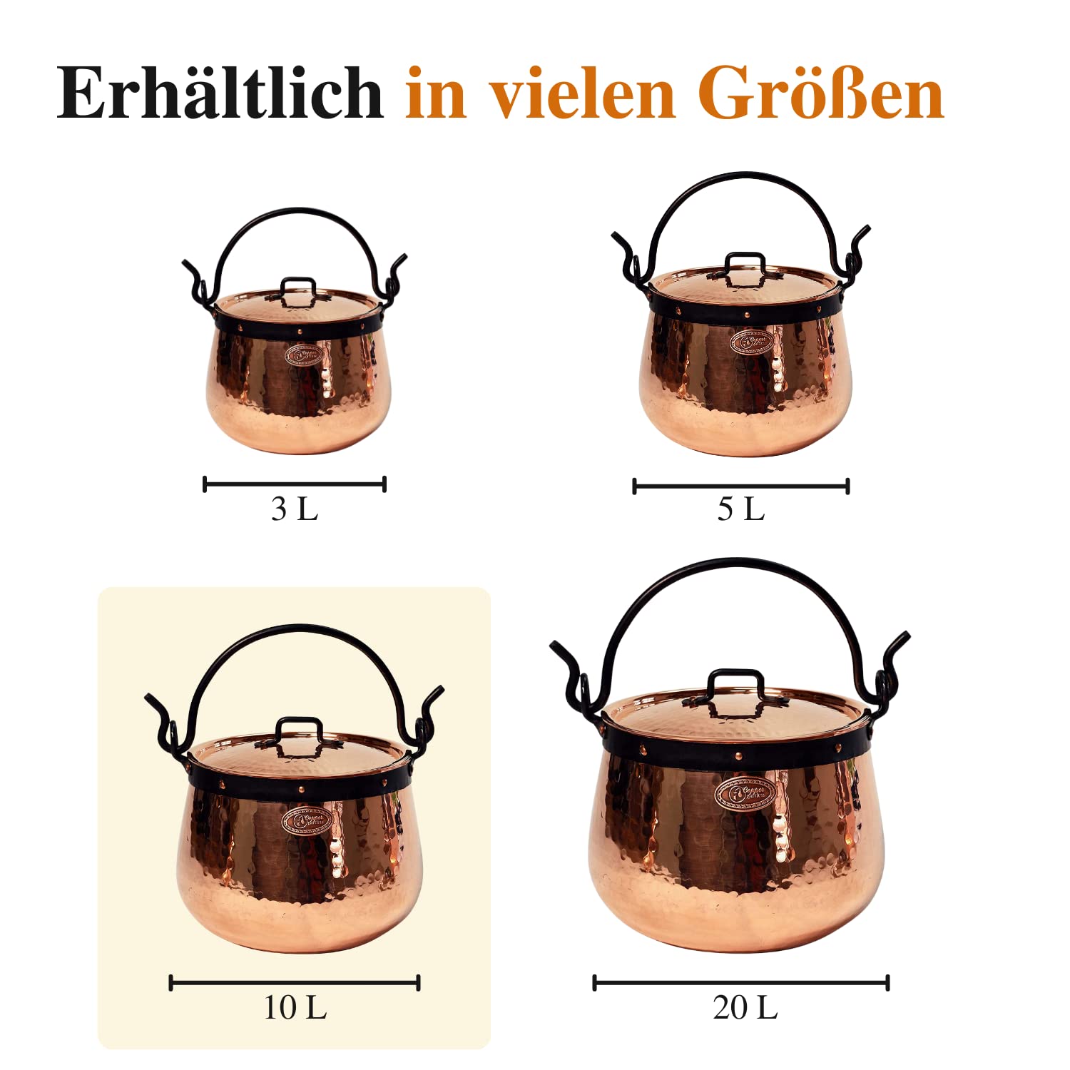 CopperGarden Kupferkessel 10 Liter I Hexenkessel mit Henkel & Deckel I Handgeschmiedeter Kessel aus blankem Kupfer I ideale Wärmeleitung I Feuerkessel zum Kochen I für Gas & Elektroherd geeignet