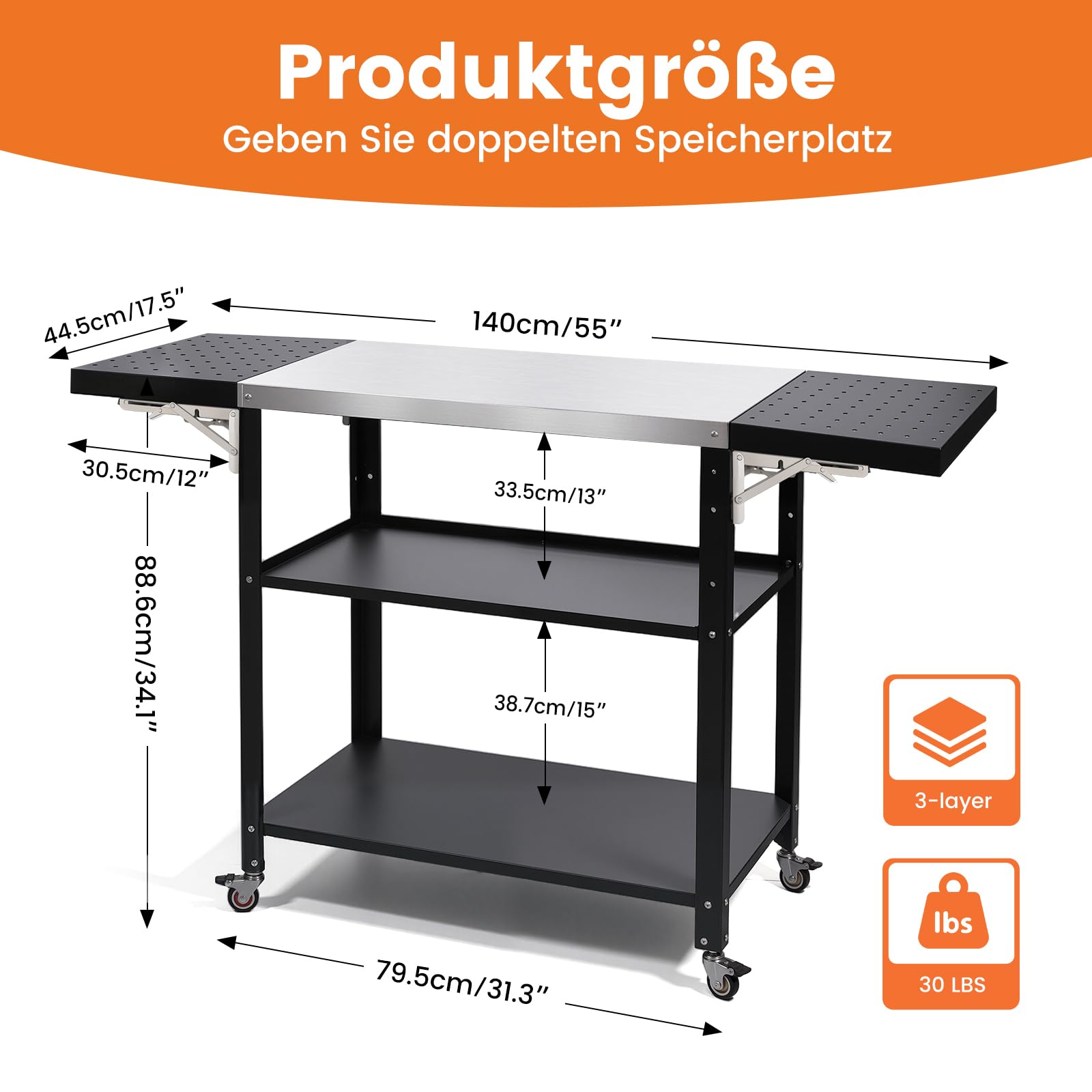 Gourmet Grilltisch Klappbar Servierwagen 3 Etagen Küchenwagen, Edelstahl Grillwagen Beistelltisch Outdoorküche mit Rollen, Mobiler Tischplatte für Garten Grill Camping Außenbereich