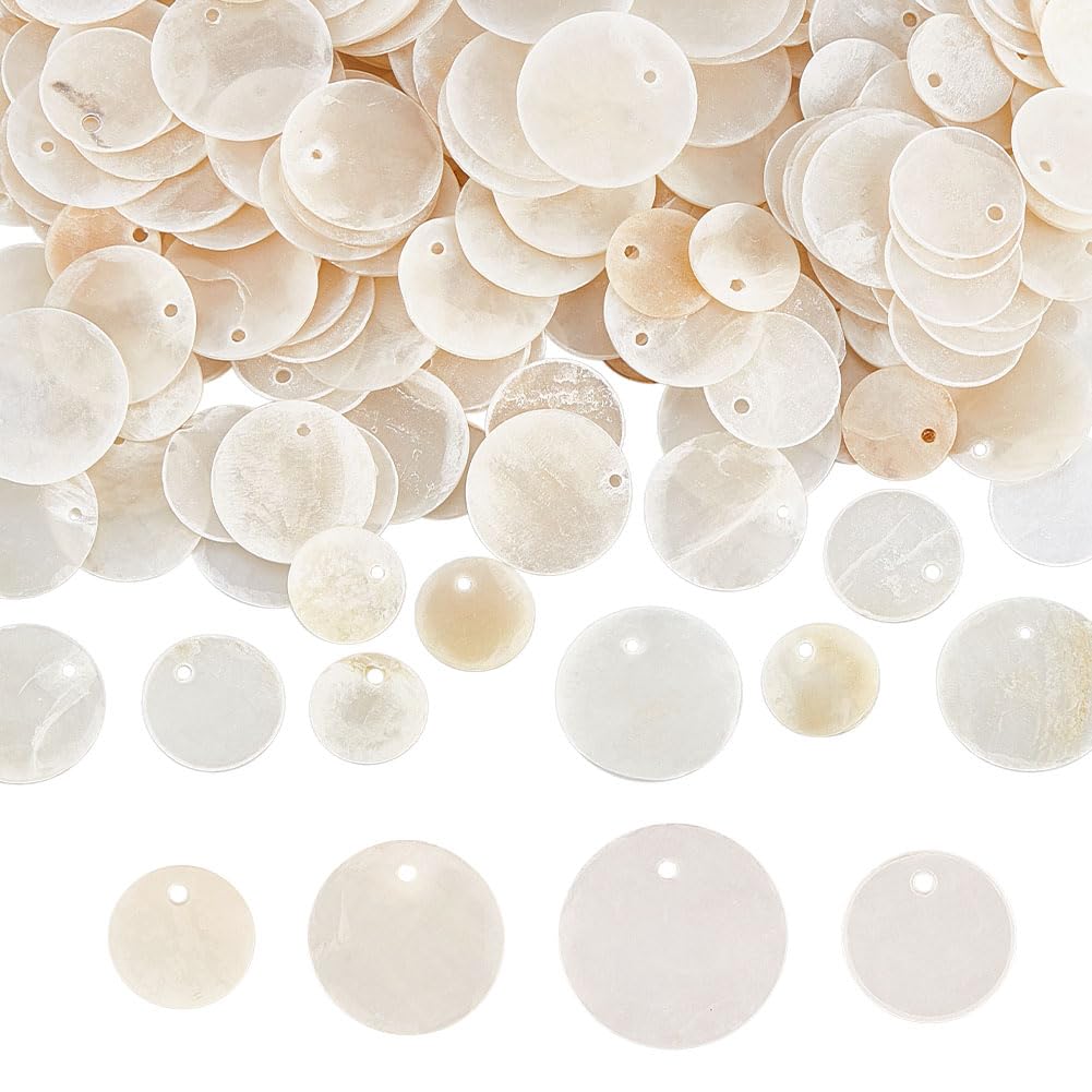 CRAFTYMELODY 200Pcs 4 Style Shell Charms Flat Round Capiz Shell Charms Pendants Natural White Seashell Charm Blank Tag Seashell Tiny Pendants for Jewelry Making Craft DIY Art Project Home Decor