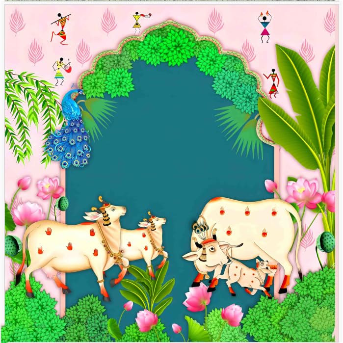 Image of Back Ground Decoration Clothes | Traditional Background Curtain Cloth for Festival Wedding Backdrop Cloth (Pink &Dark Blue (8 8 FT)) Cow Backdrop for Pooja Decoration| gudi padwa Decorations Backdrop