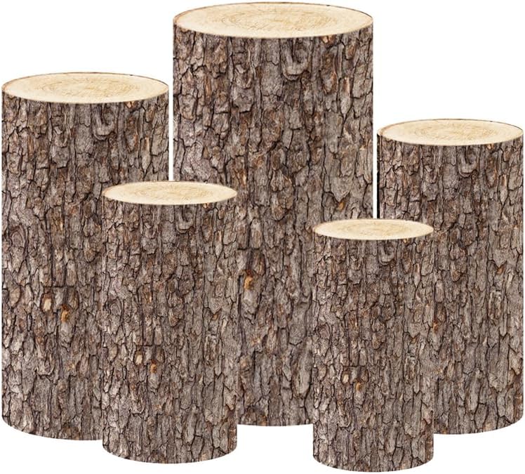 1set Spandex Pillar Covers for Metal Cylinder Pedestal Stands - 5 Pieces - printed tree bark Covers Only, Cylinder Pedestal Stands Excluded (NO-1018 tree bark)