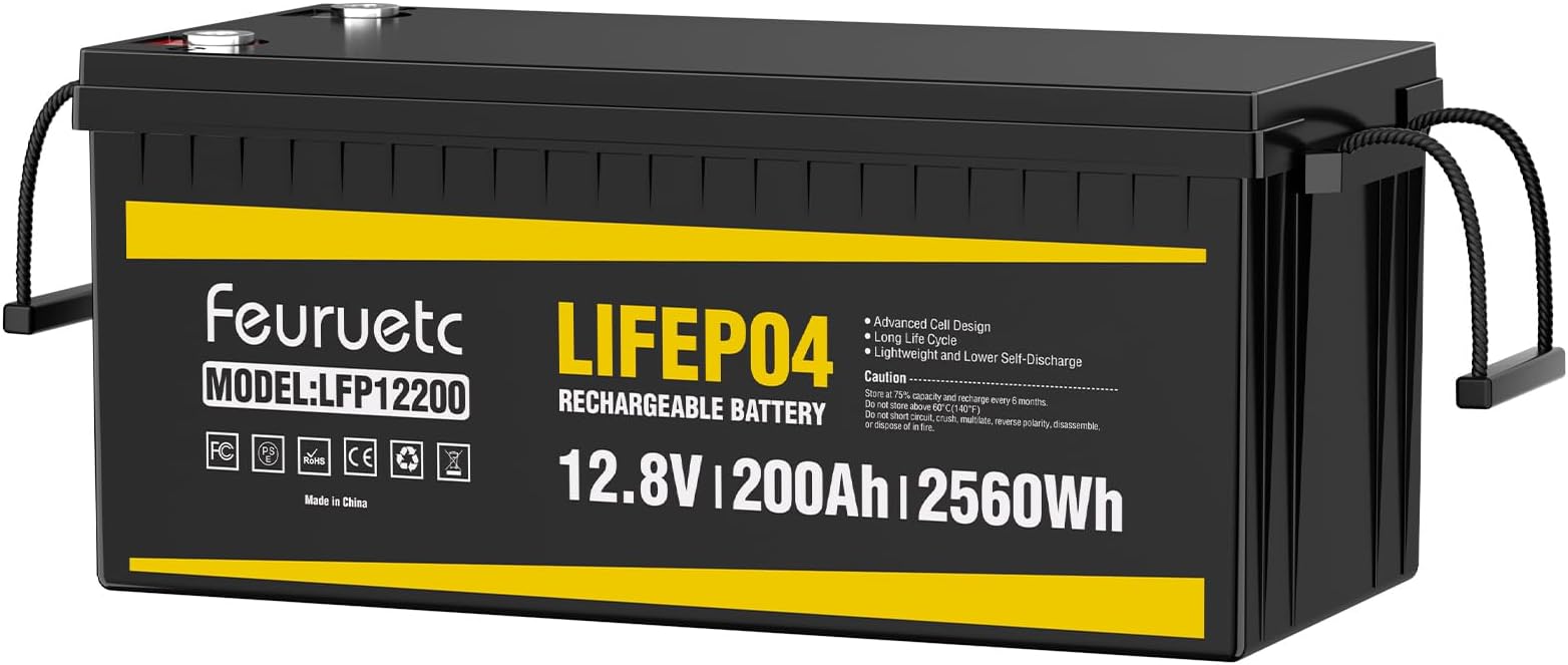 12V 200Ah Lithium LiFePO4 Battery, Built-in 200A BMS, 2560Wh Energy Storage, Iron Phosphate 8000-15000 Deep Cycles Battery for Solar, Trolling Motor, RV