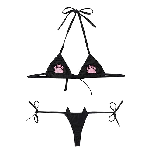 Loloda 2pcs Sexy Lingerie Bra Set for Women Cat Paw Embroidered Bikini Set Micro Swimsuits - One Size - Black