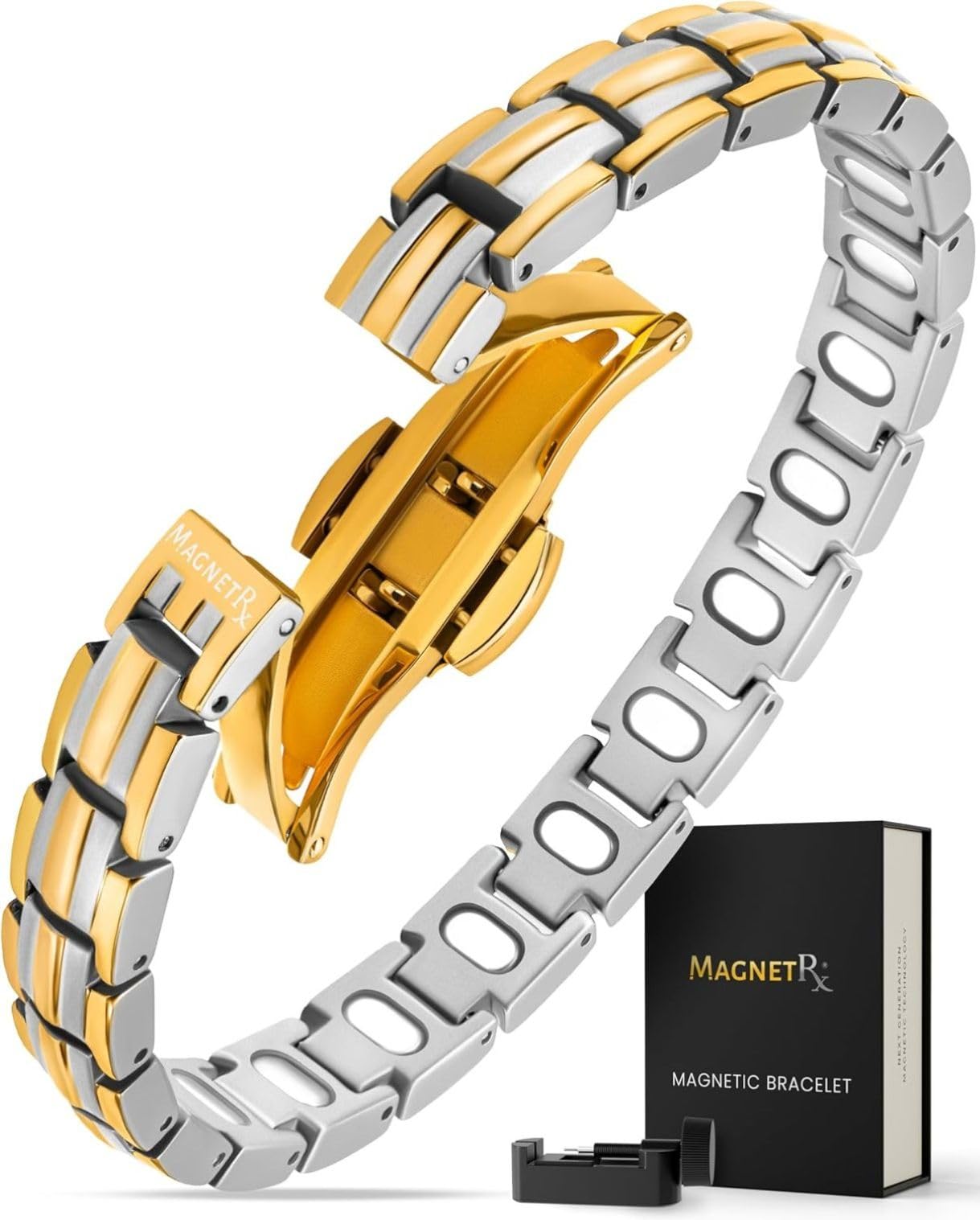 MagnetRX® Bracelet Magnétique Femme en Titane · EllipseMAX 5X · Bracelet Aimanté Surpuissant 5 000 Gauss · Bijou Magnétique Élégant à Longueur Ajustable (Argent/Or)