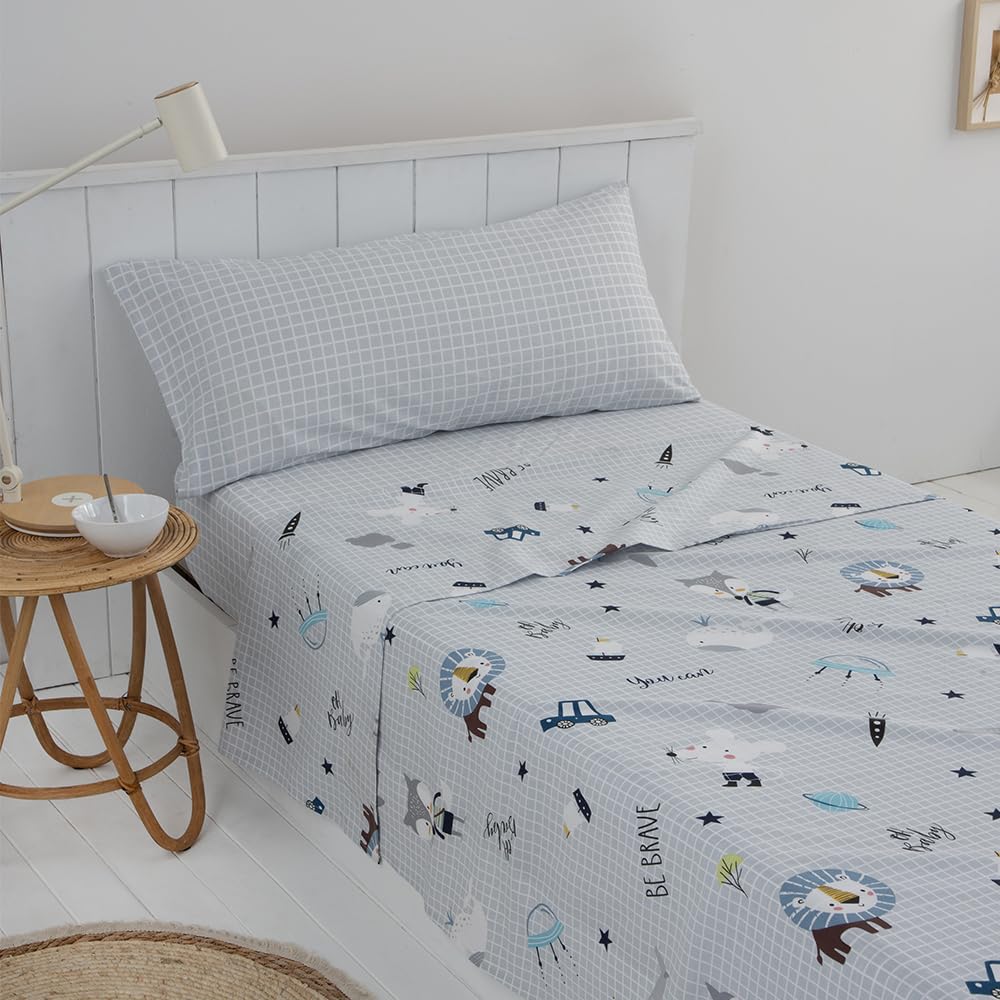 COTTON ARTean Juego de sabanas Infantil/Juvenil OH Baby Cama de 90 x 190/200. 100% ALGODÓN 180 Hilos Color Gris. Incluye : sábana encimera + Funda de Almohada + sábana Bajera Ajustable