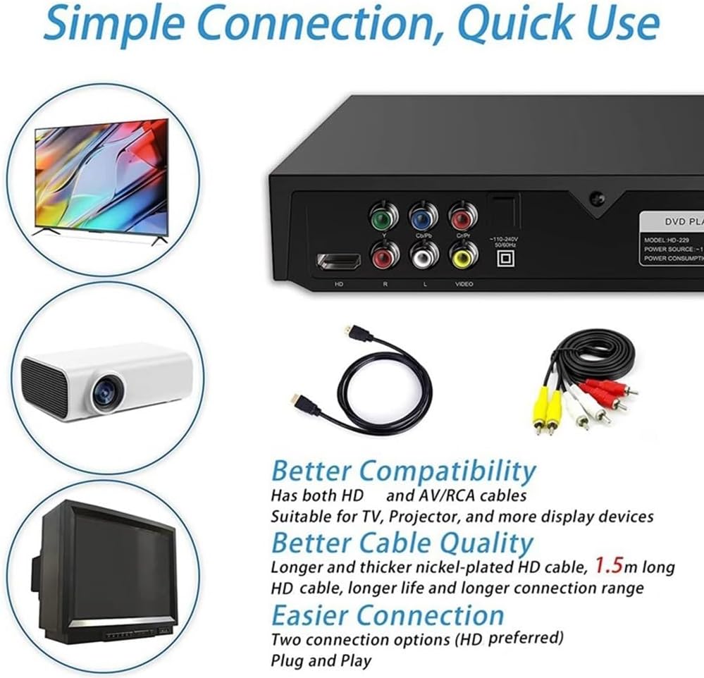 DVD Player High-Defination 1080P Home DVD Player Box for TV DVD229 HD DVD Player CD-Discs Player AV Output MIC-Port US Plug